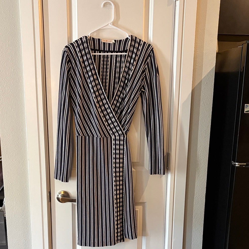 Tory Burch Black and White Striped Faux-Wrap Long Sleeve Dress